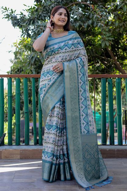 Rama Blue Dola Silk Saree With Digital Printed &amp; Weaving Border