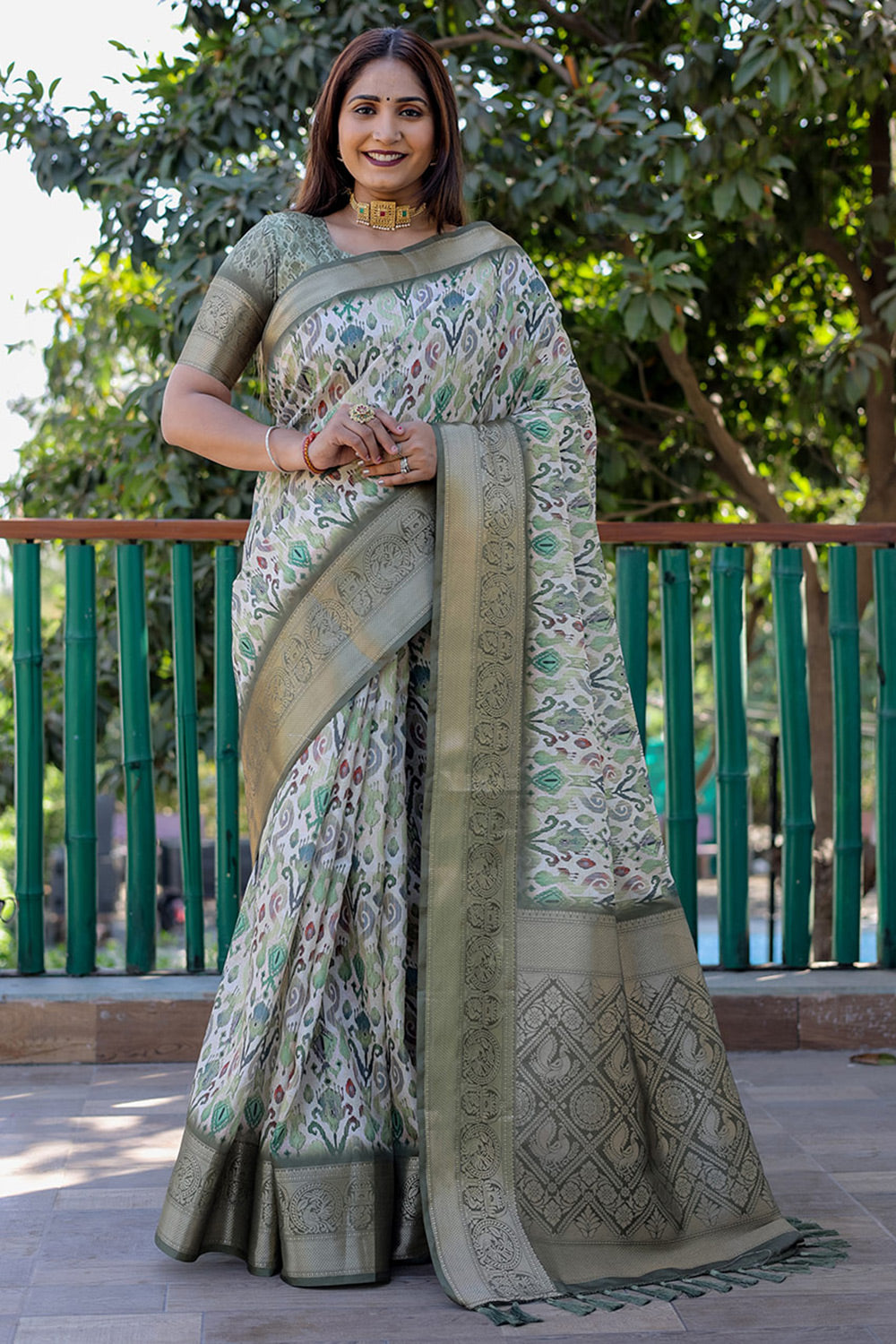 Sage Green Dola Silk Saree With Digital Printed &amp; Weaving Border