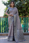 Grey Dola Silk Saree With Digital Printed & Weaving Border