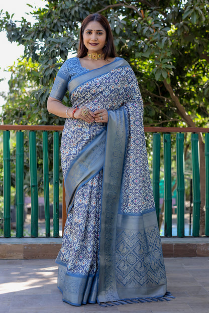 Denim Blue Dola Silk Saree With Digital Printed &amp; Weaving Border