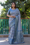 Denim Blue Dola Silk Saree With Digital Printed & Weaving Border