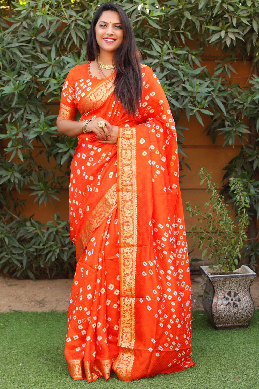 Orange Pure Hand Bandhej Bandhani Saree With Weaving Rich Pallu