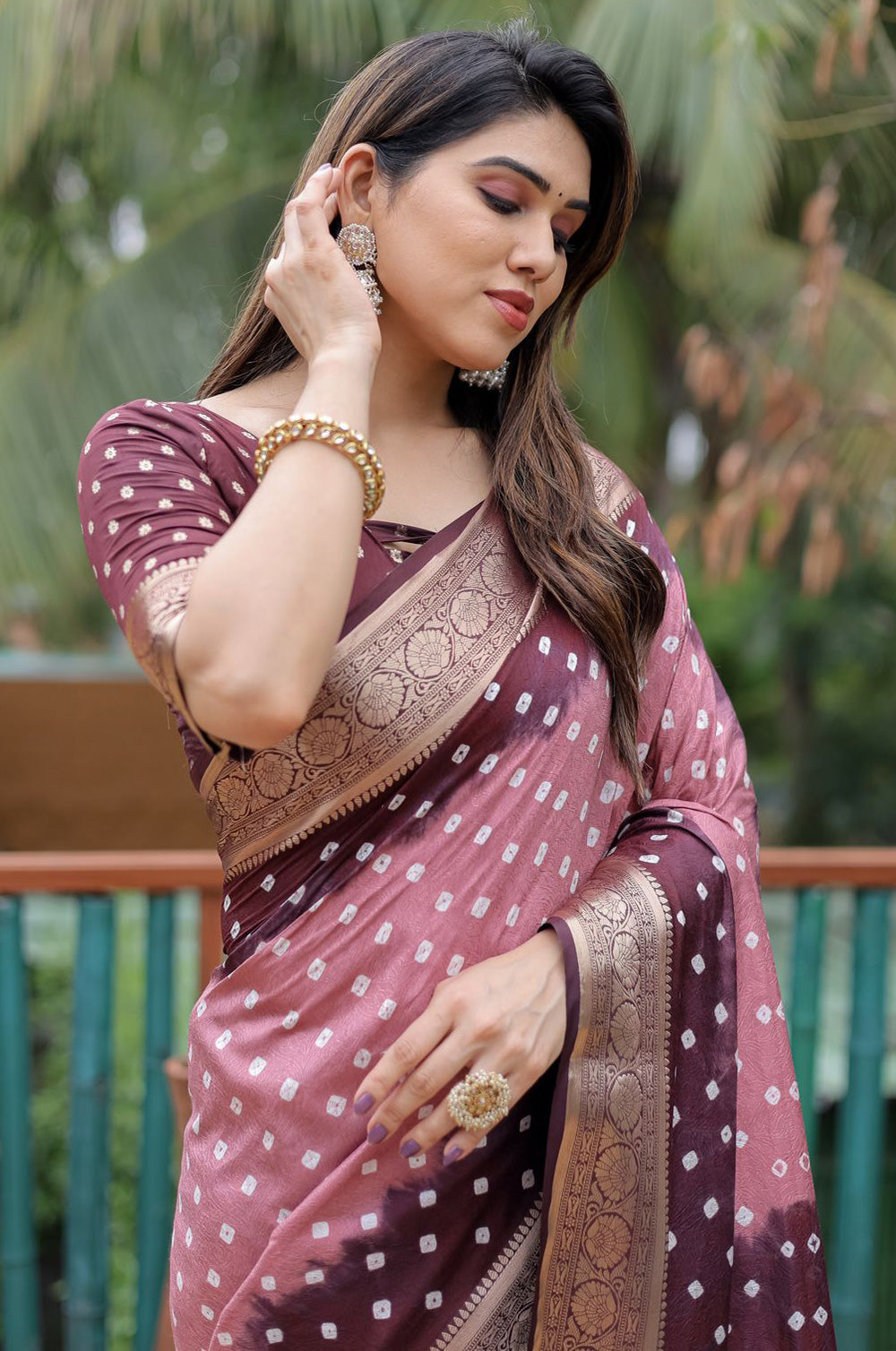 Brown &amp; Baby Pink Pure Hand Bandhej Bandhani Saree With Weaving Rich Pallu