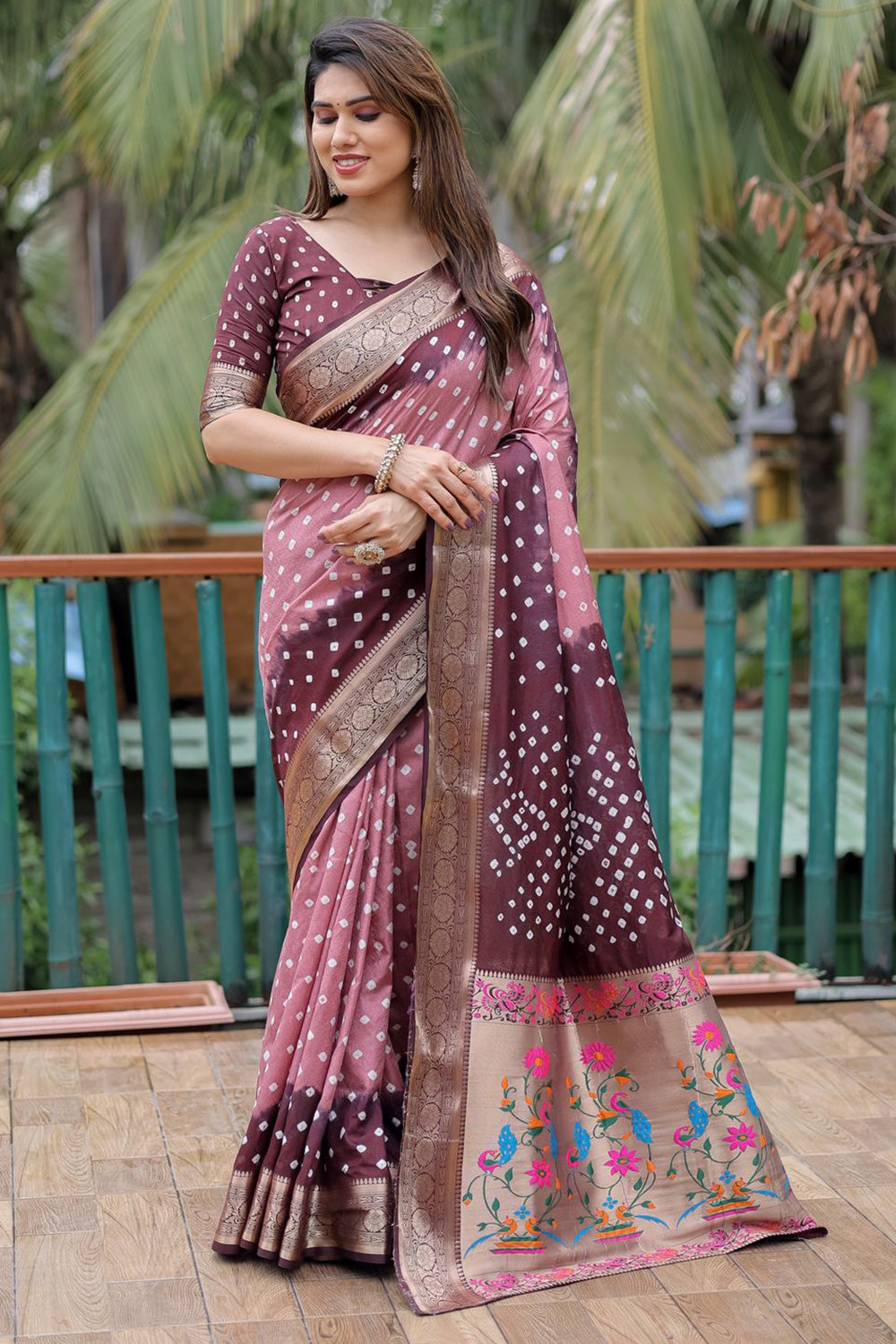 Brown &amp; Baby Pink Pure Hand Bandhej Bandhani Saree With Weaving Rich Pallu