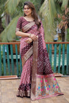 Brown & Baby Pink Pure Hand Bandhej Bandhani Saree With Weaving Rich Pallu