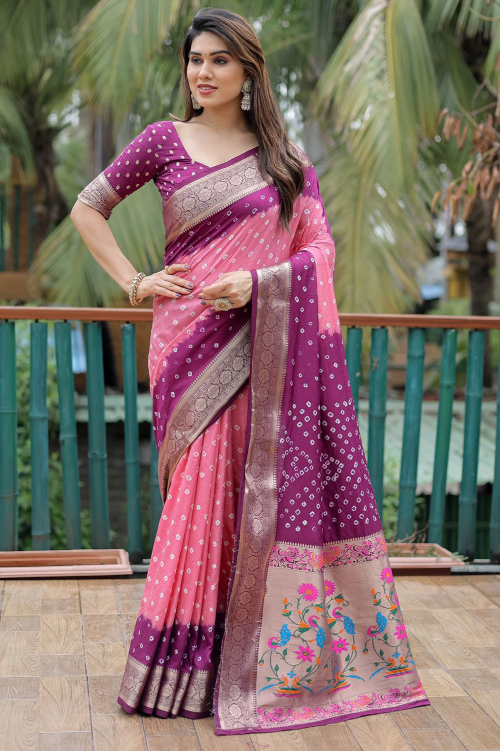 Purple &amp; Baby Pink Pure Hand Bandhej Bandhani Saree With Weaving Rich Pallu