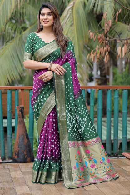 Purple &amp; Green Pure Hand Bandhej Bandhani Saree With Weaving Rich Pallu