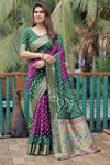 Purple & Green Pure Hand Bandhej Bandhani Saree With Weaving Rich Pallu