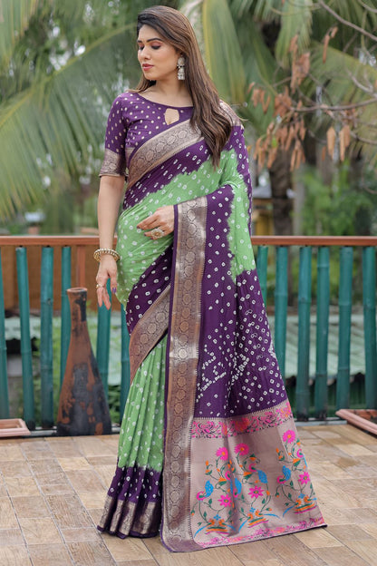 Purple &amp; Pista Green Pure Hand Bandhej Bandhani Saree With Weaving Rich Pallu