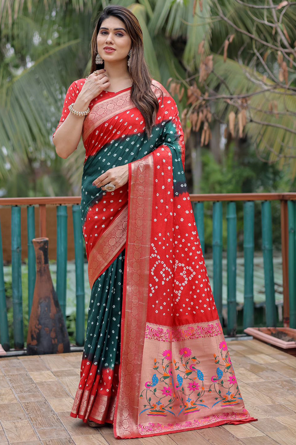 Red &amp; Green Pure Hand Bandhej Bandhani Saree With Weaving Rich Pallu