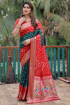 Red & Green Pure Hand Bandhej Bandhani Saree With Weaving Rich Pallu