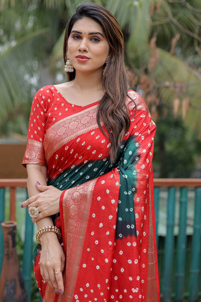 Red &amp; Green Pure Hand Bandhej Bandhani Saree With Weaving Rich Pallu