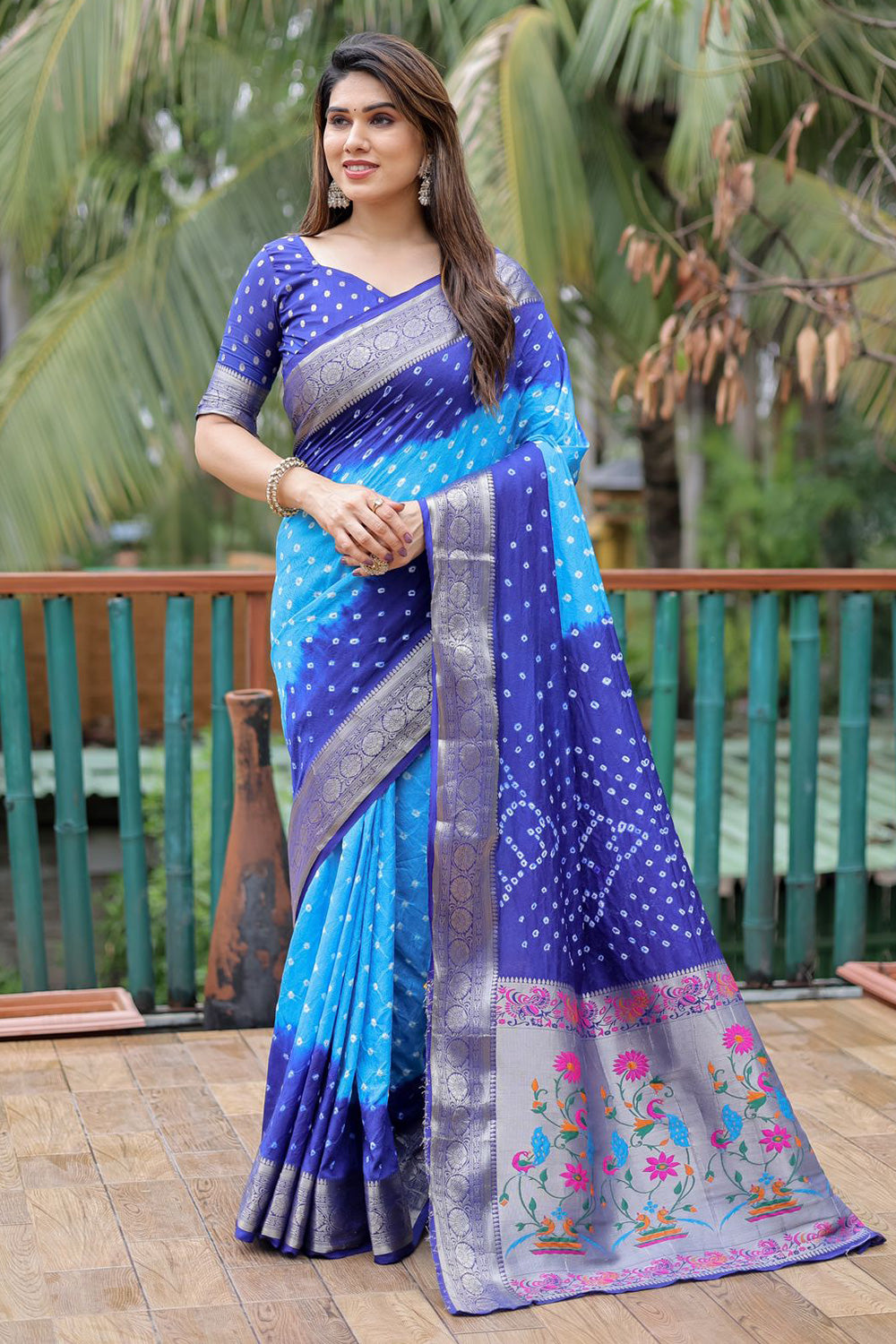 Sky Blue &amp; Royle Blue Pure Hand Bandhej Bandhani Saree With Weaving Rich Pallu