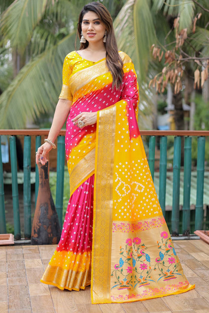 Yellow &amp; Red Pure Hand Bandhej Bandhani Saree With Weaving Rich Pallu