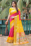 Yellow & Red Pure Hand Bandhej Bandhani Saree With Weaving Rich Pallu