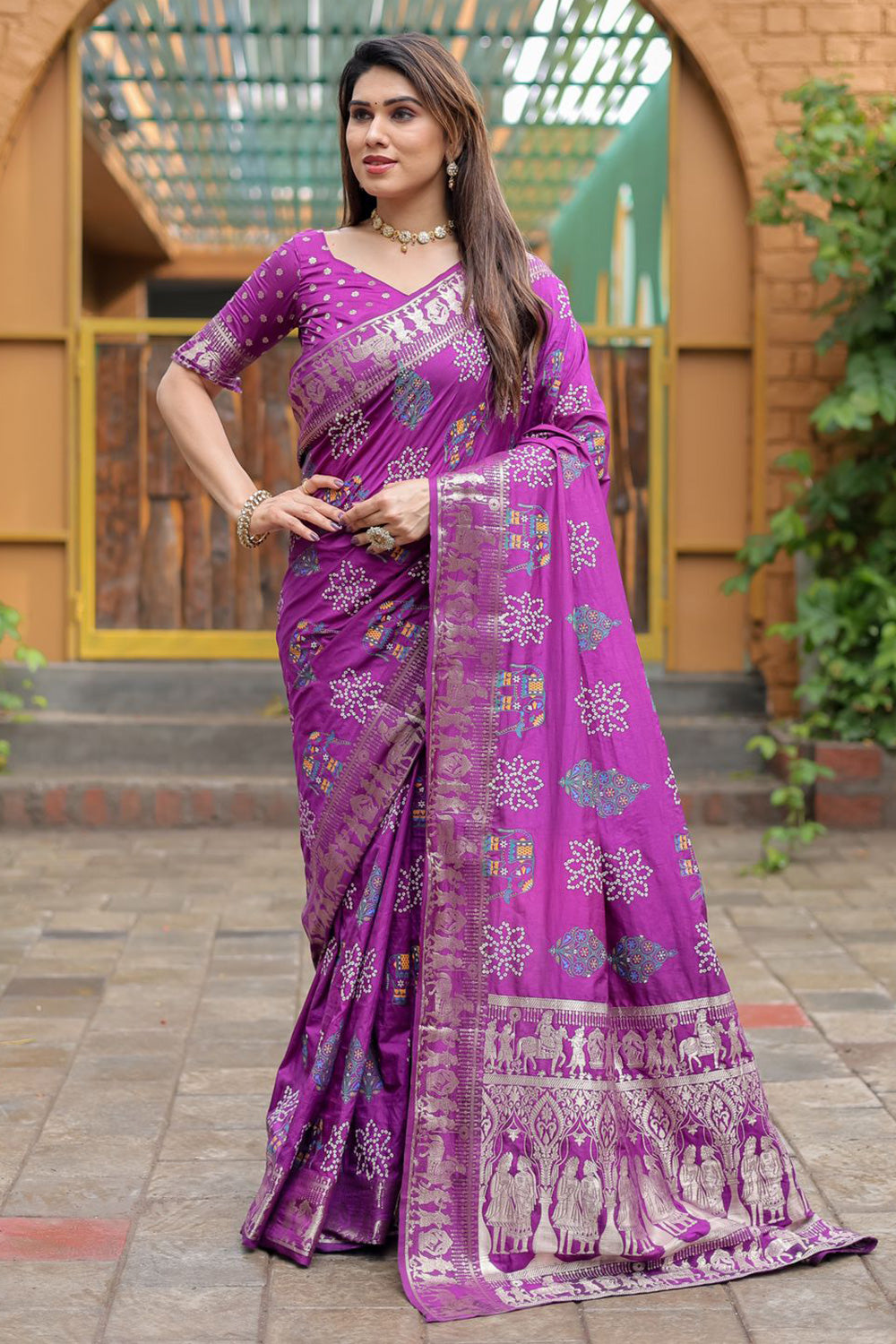 Lilac Purple Pure Hand Bandhej Bandhani Saree With Weaving Rich Pallu