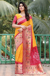 Red & Yellow Pure Hand Bandhej Bandhani Saree With Weaving Rich Pallu