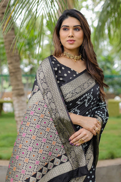 Black Pure Hand Bandhej Bandhani Saree With Weaving Rich Pallu