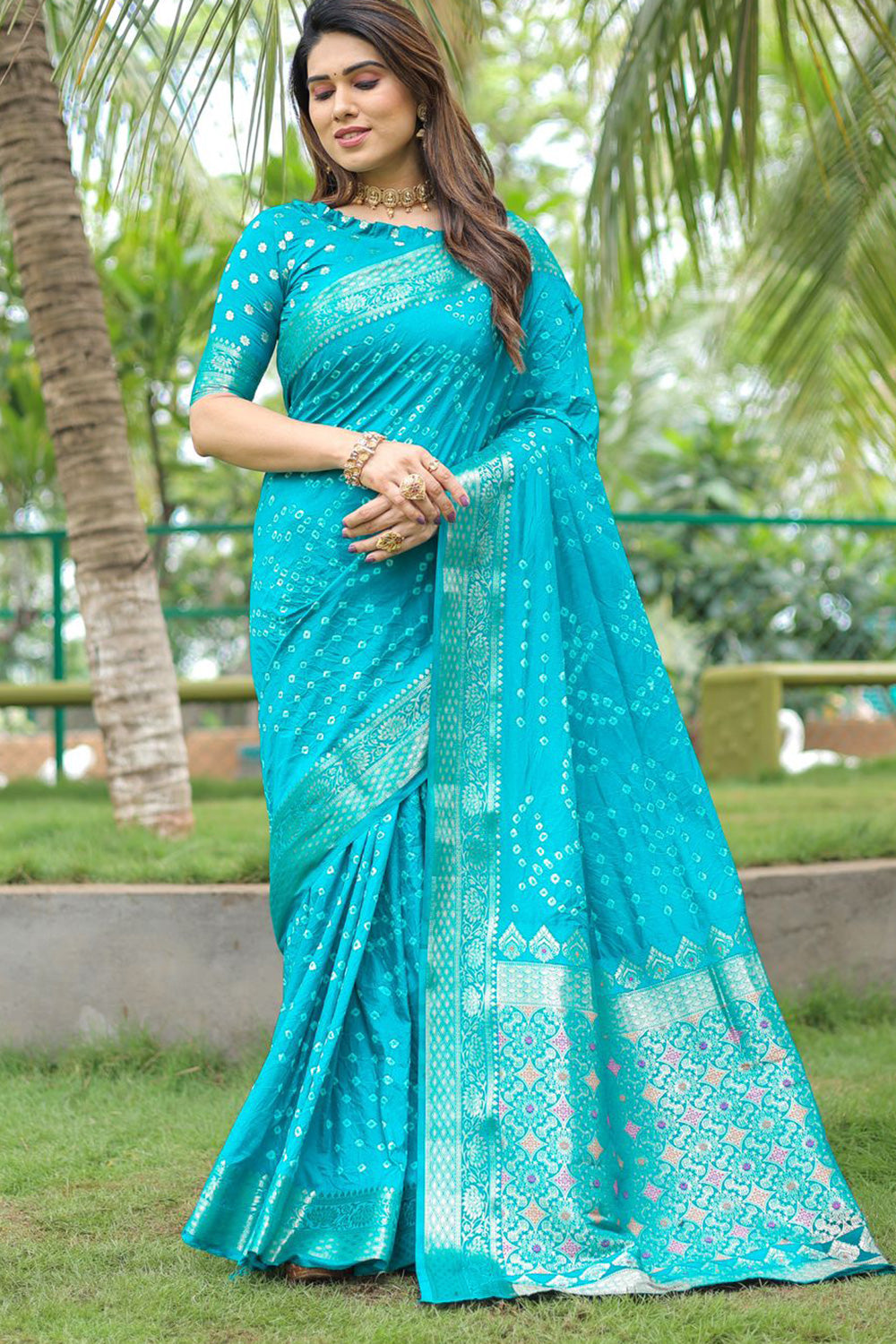 Sky Blue Pure Hand Bandhej Bandhani Saree With Weaving Rich Pallu