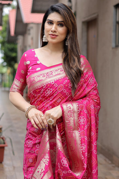 Pink Pure Hand Bandhej Bandhani Saree With Weaving Rich Pallu