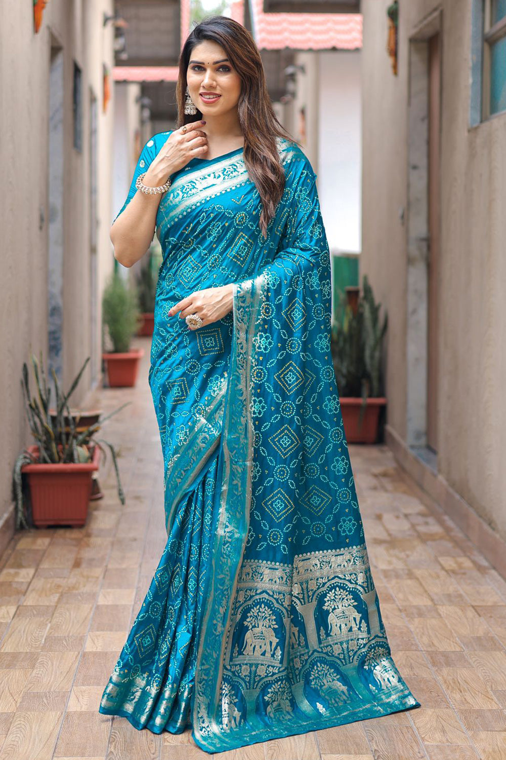 Rama Blue Pure Hand Bandhej Bandhani Saree With Weaving Rich Pallu
