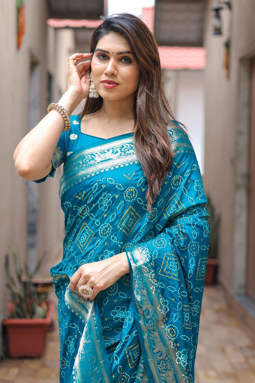Rama Blue Pure Hand Bandhej Bandhani Saree With Weaving Rich Pallu