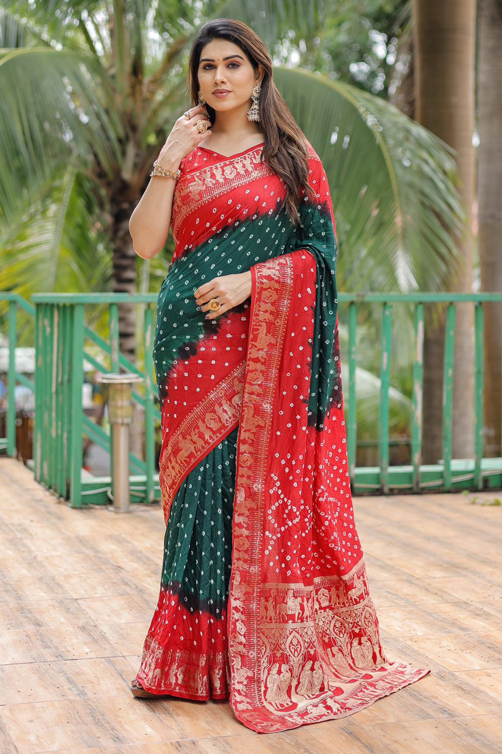 Green &amp; Red Pure Hand Bandhej Bandhani Saree With Weaving Rich Pallu