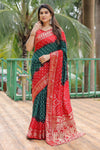Green & Red Pure Hand Bandhej Bandhani Saree With Weaving Rich Pallu