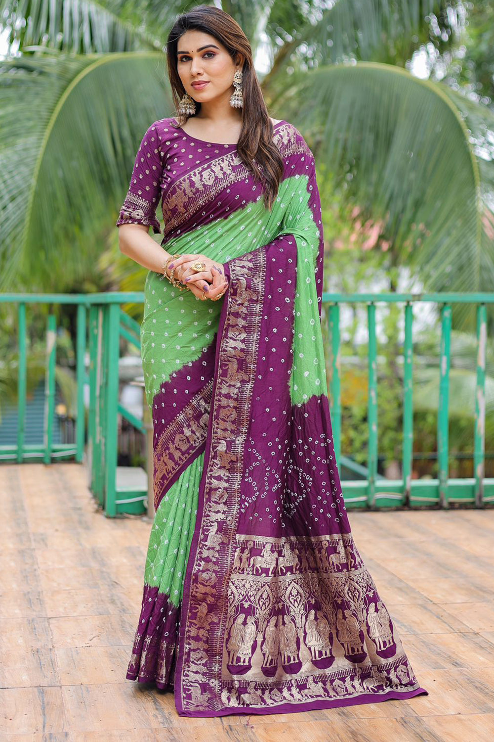 Green &amp; Purple Pure Hand Bandhej Bandhani Saree With Weaving Rich Pallu