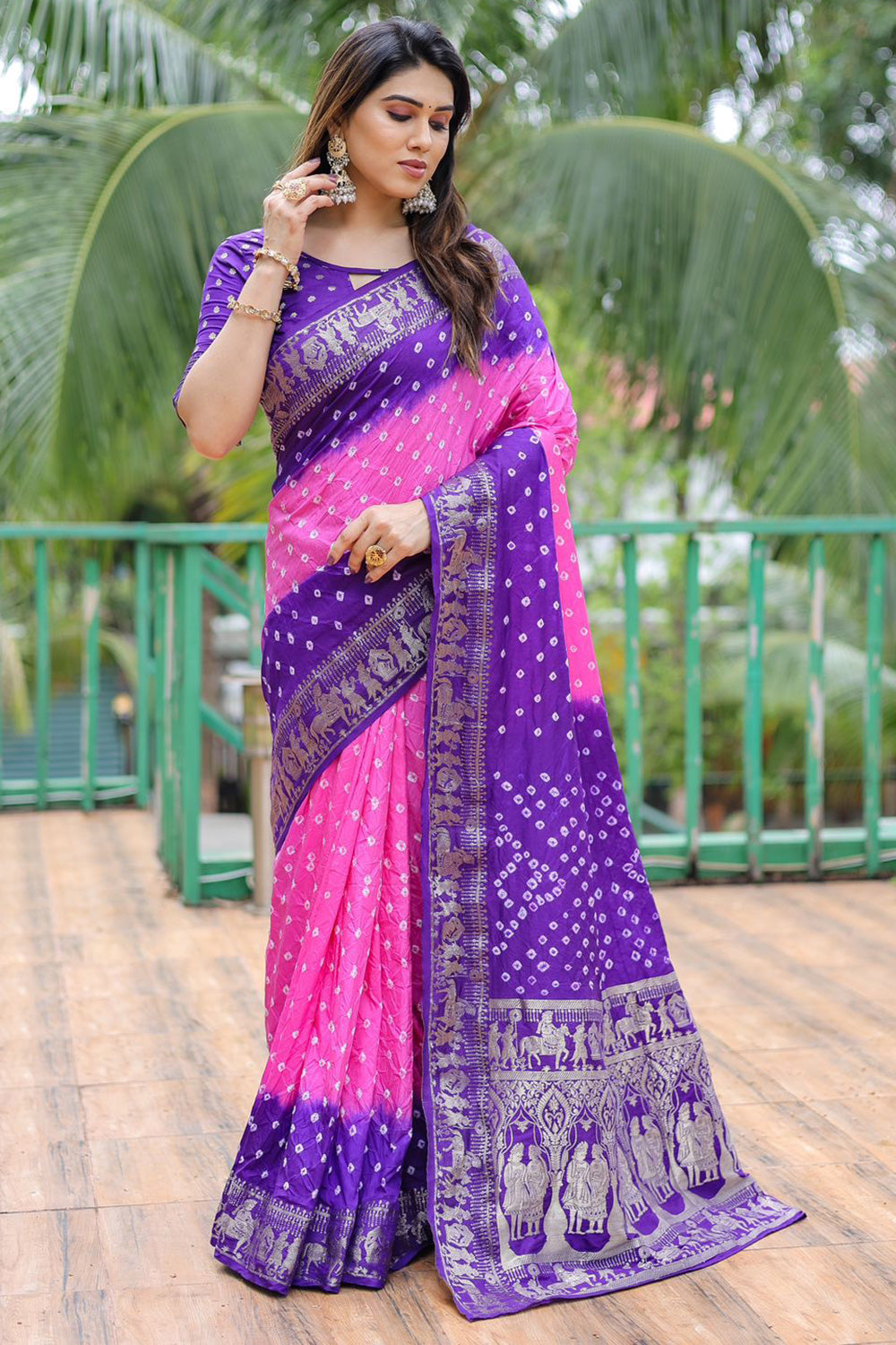 Pink &amp; Purple Pure Hand Bandhej Bandhani Saree With Weaving Rich Pallu