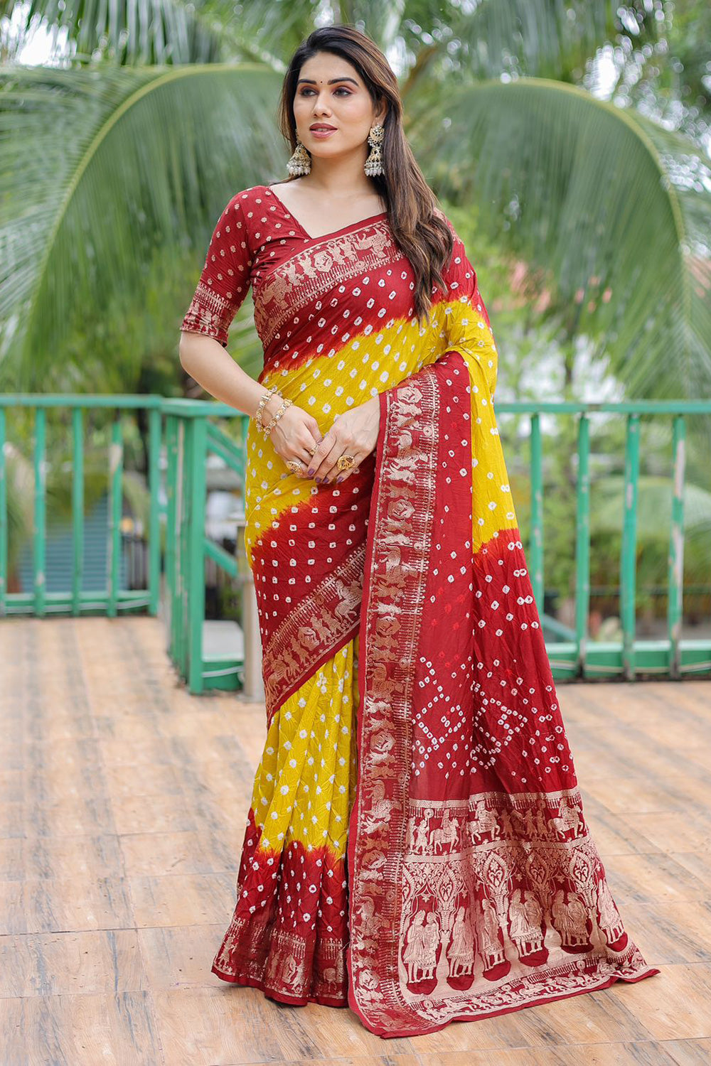 Red &amp; Yellow Pure Hand Bandhej Bandhani Saree With Weaving Rich Pallu