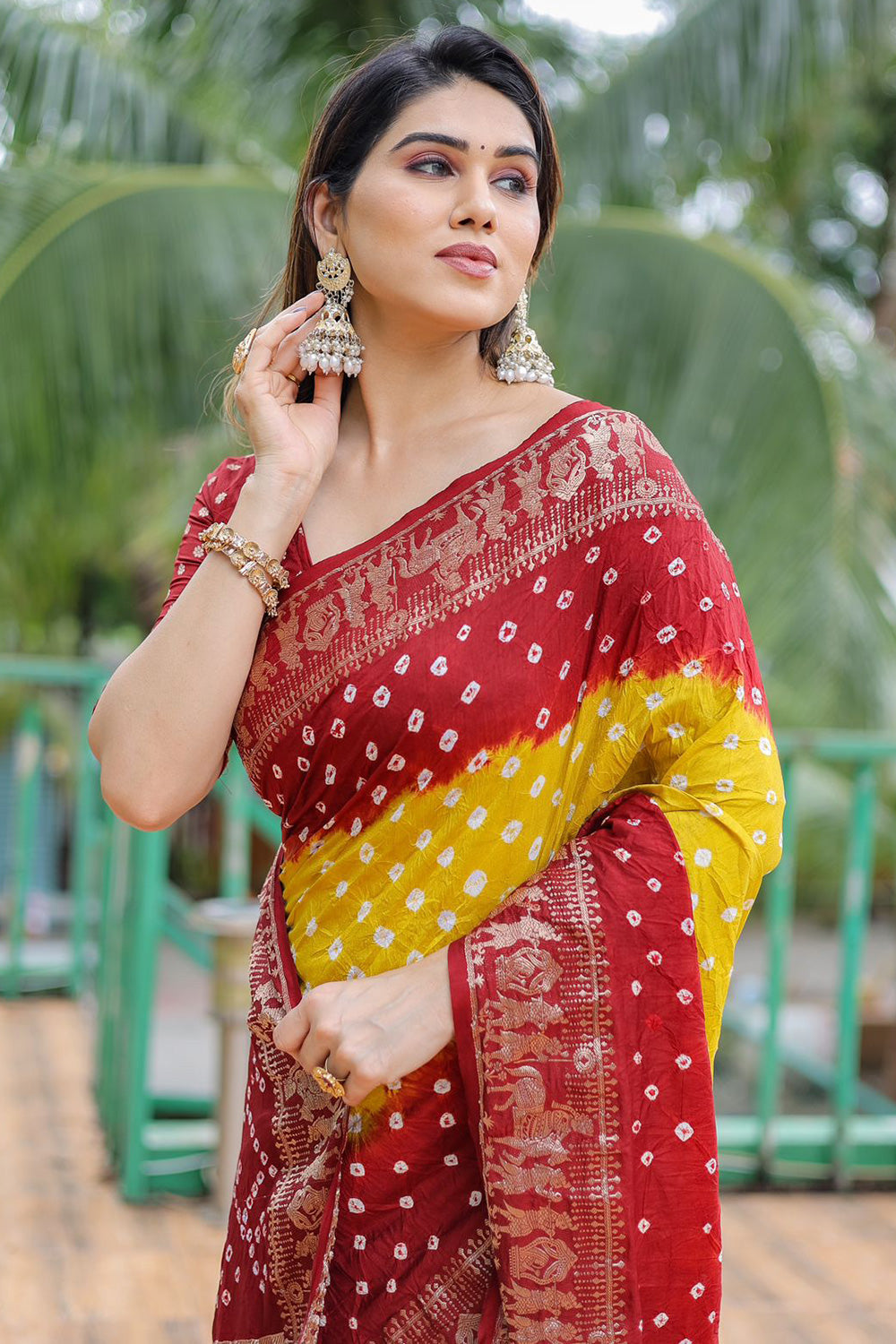 Red &amp; Yellow Pure Hand Bandhej Bandhani Saree With Weaving Rich Pallu