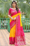 Pink & Yellow Pure Hand Bandhej Bandhani Saree With Weaving Rich Pallu
