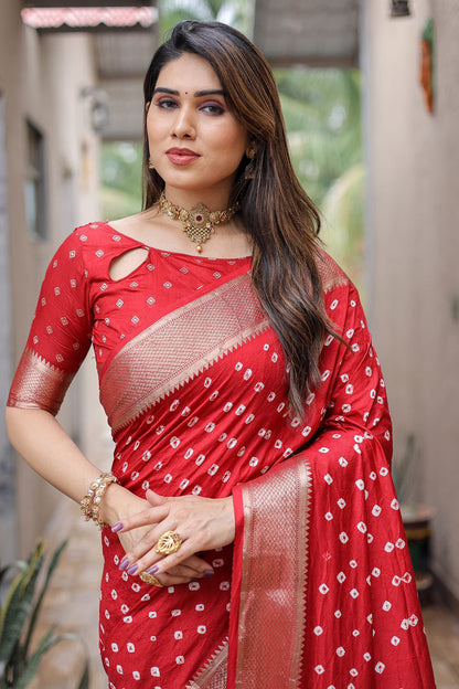 Red Pure Hand Bandhej Bandhani Saree With Weaving Rich Pallu