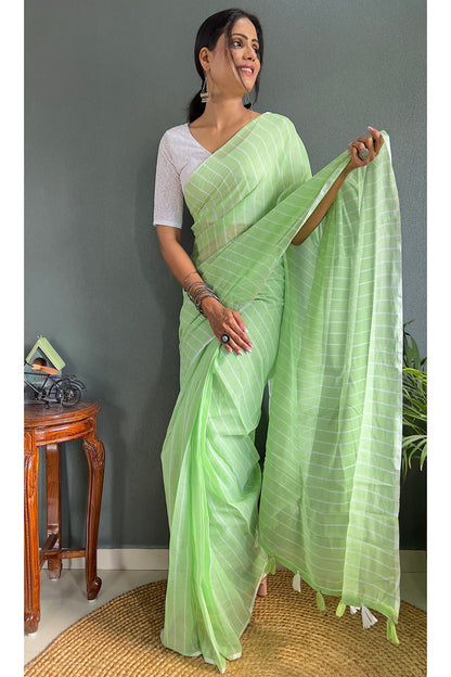 Green Cotton Striped Saree With Tassels On Pallu