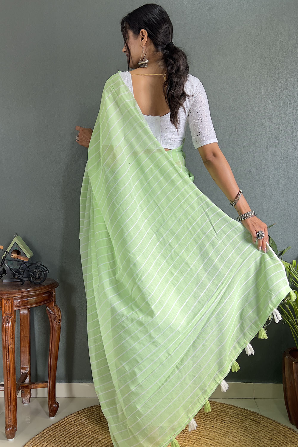 Green Cotton Striped Saree With Tassels On Pallu