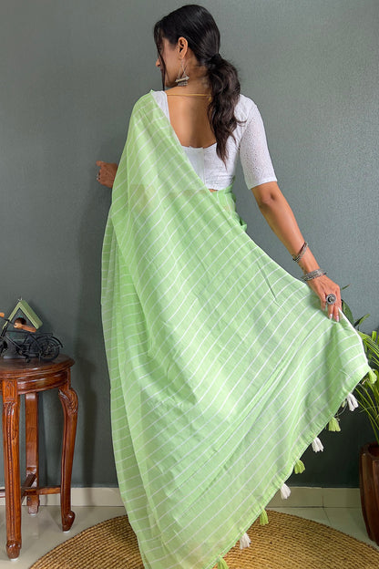 Green Cotton Striped Saree With Tassels On Pallu