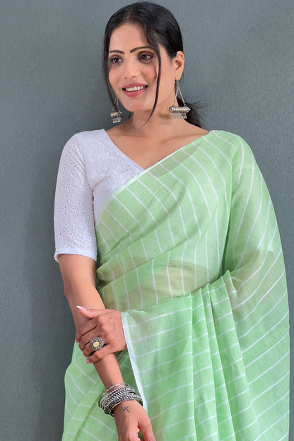 Green Cotton Striped Saree With Tassels On Pallu