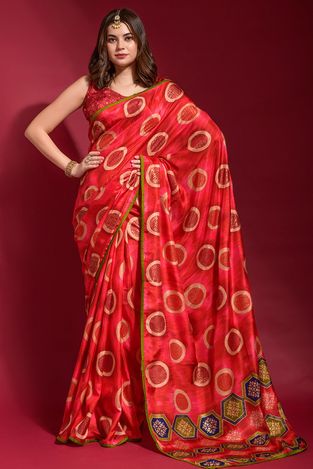 Red Smooth Silk With Foil Printed Saree