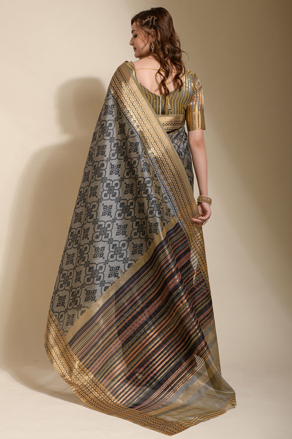 Grey Soft Silk With Weaving Border &amp; Block Printed Saree