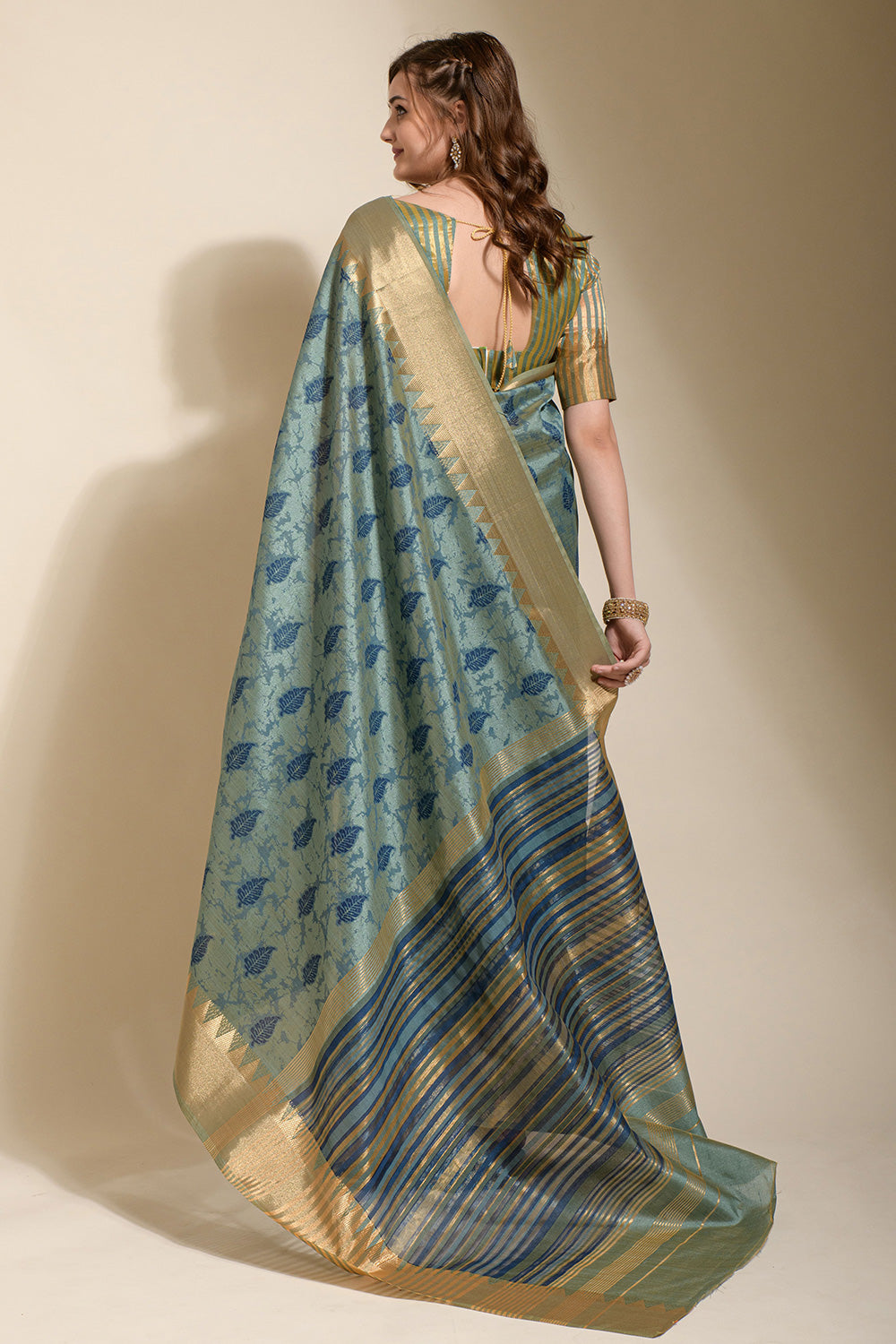 Steel Blue Soft Silk With Weaving Border &amp; Block Printed Saree