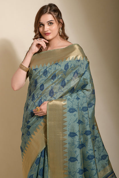 Steel Blue Soft Silk With Weaving Border &amp; Block Printed Saree