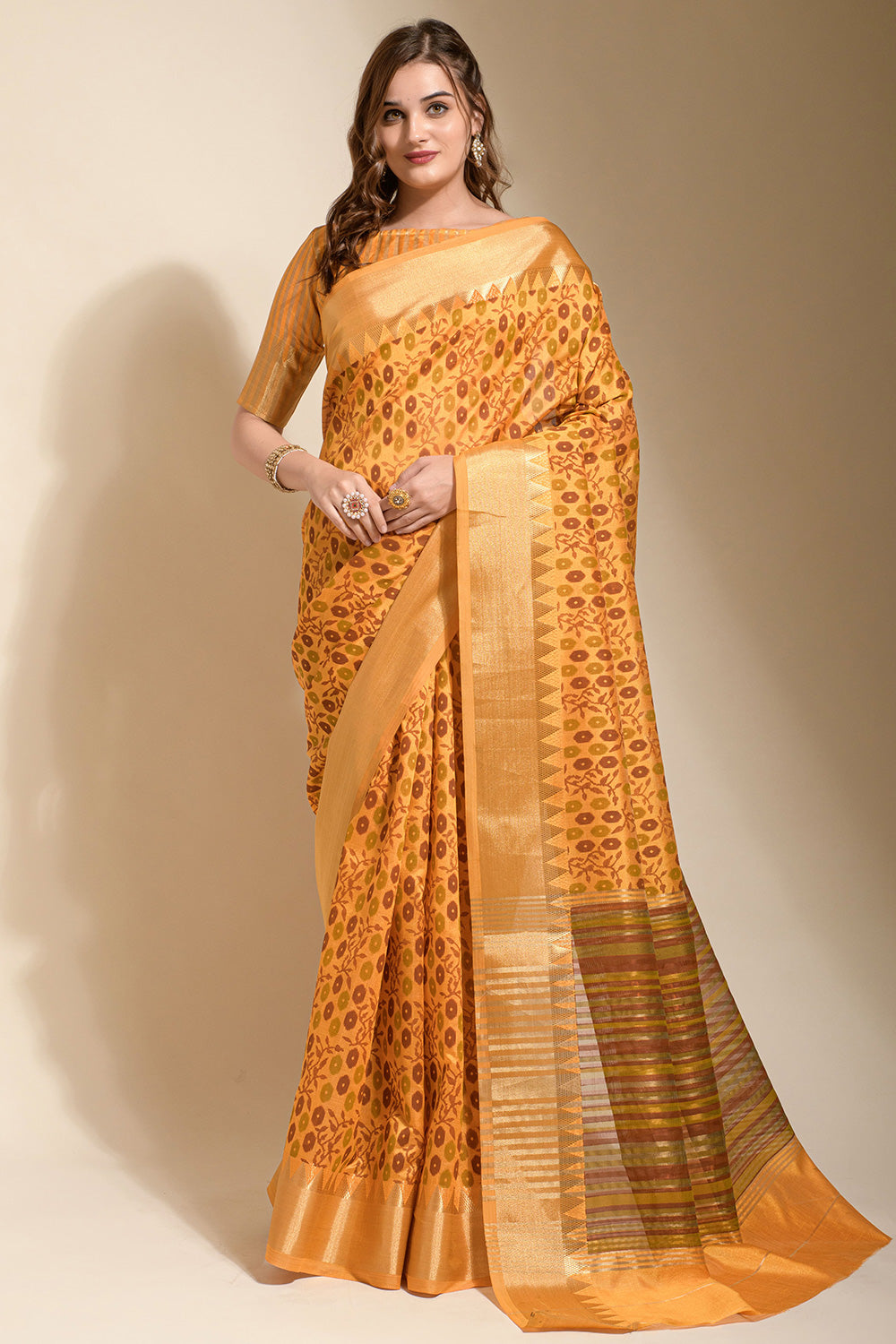 Yellow Soft Silk With Weaving Border &amp; Block Printed Saree