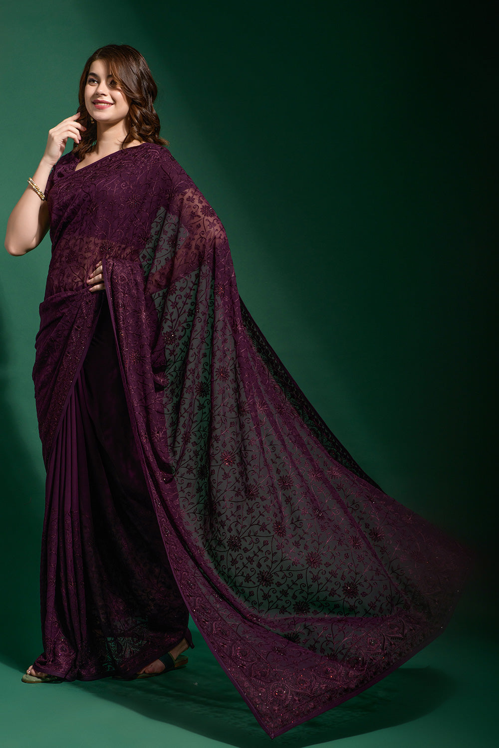 Wine Georgette Saree With Embroidered Work