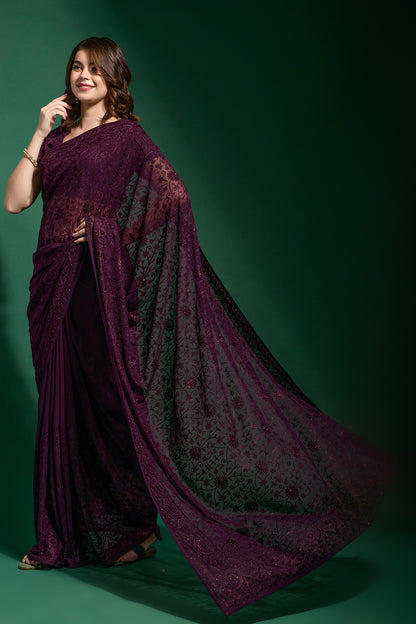 Wine Georgette Saree With Embroidered Work
