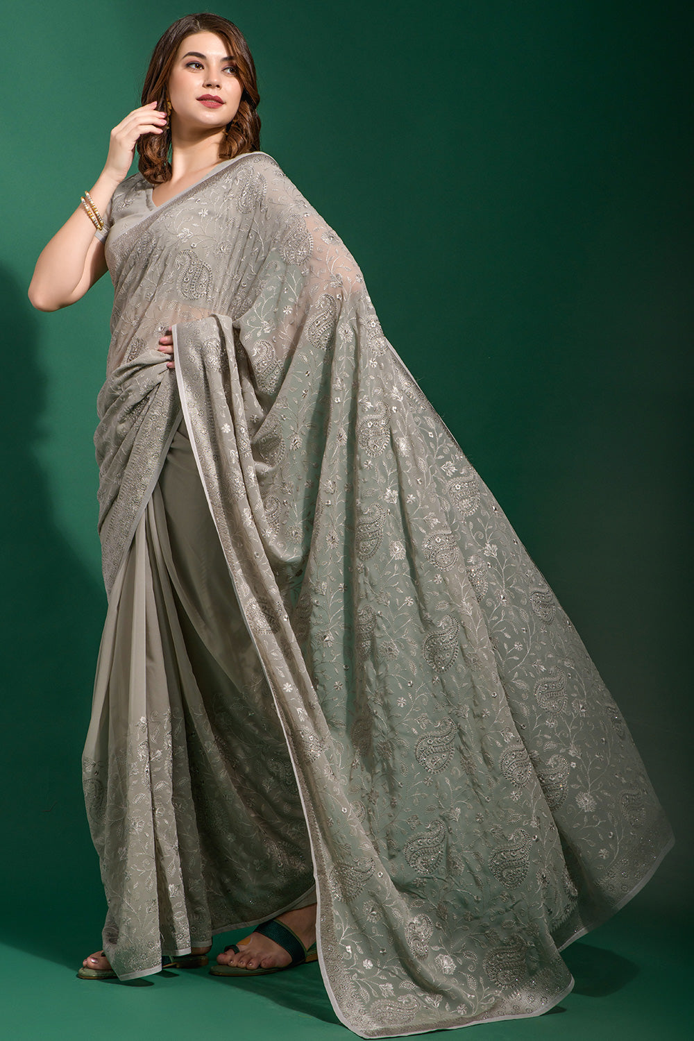Light Grey Georgette Saree With Embroidery Work
