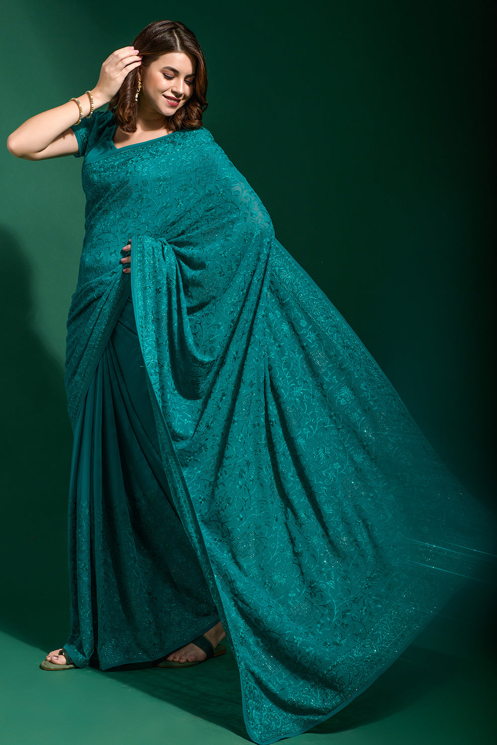 Ocean Blue Georgette Saree With Embroidery Work