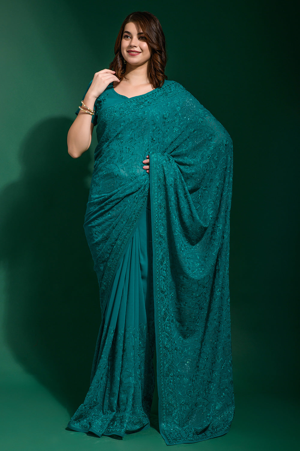 Ocean Blue Georgette Saree With Embroidery Work