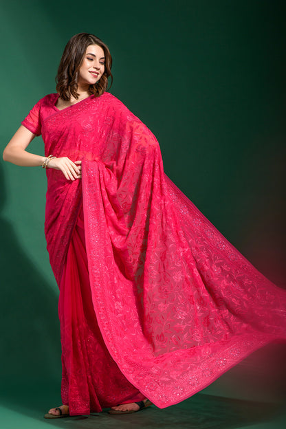 Pink Georgette Saree With Embroidery Work