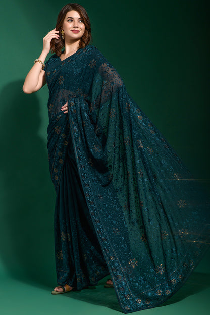 Prussian Blue Georgette Saree With Embroidery Work